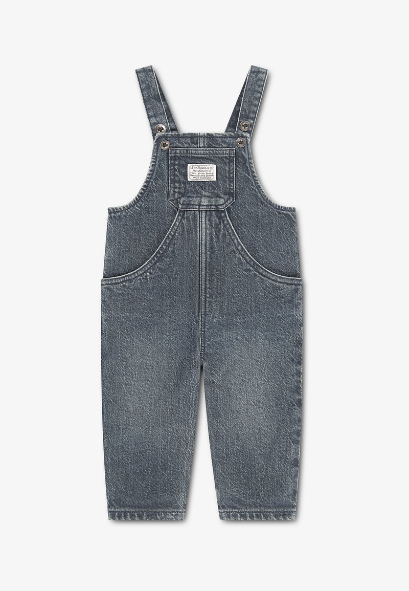 Salopette en jean gris foncé pour enfants avec bretelles ajustables et une poche poitrine avant avec une petite étiquette tissée.