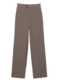 Pantalon marron à jambes larges avec plis devant, une ceinture avec un seul bouton et sans poches visibles.