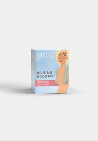 Doos Magic Bodyfashion Invisible Boob Tape met illustratie van een vrouw die de tape draagt als een rugloze ondersteuningsoplossing.