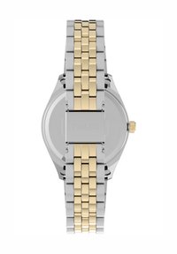 Bicolor metalen horlogeband met zilverkleurige buitenste schakels en goudkleurige middelste schakels, bevestigd met een gesp waarop "TIMEX" is gegraveerd.