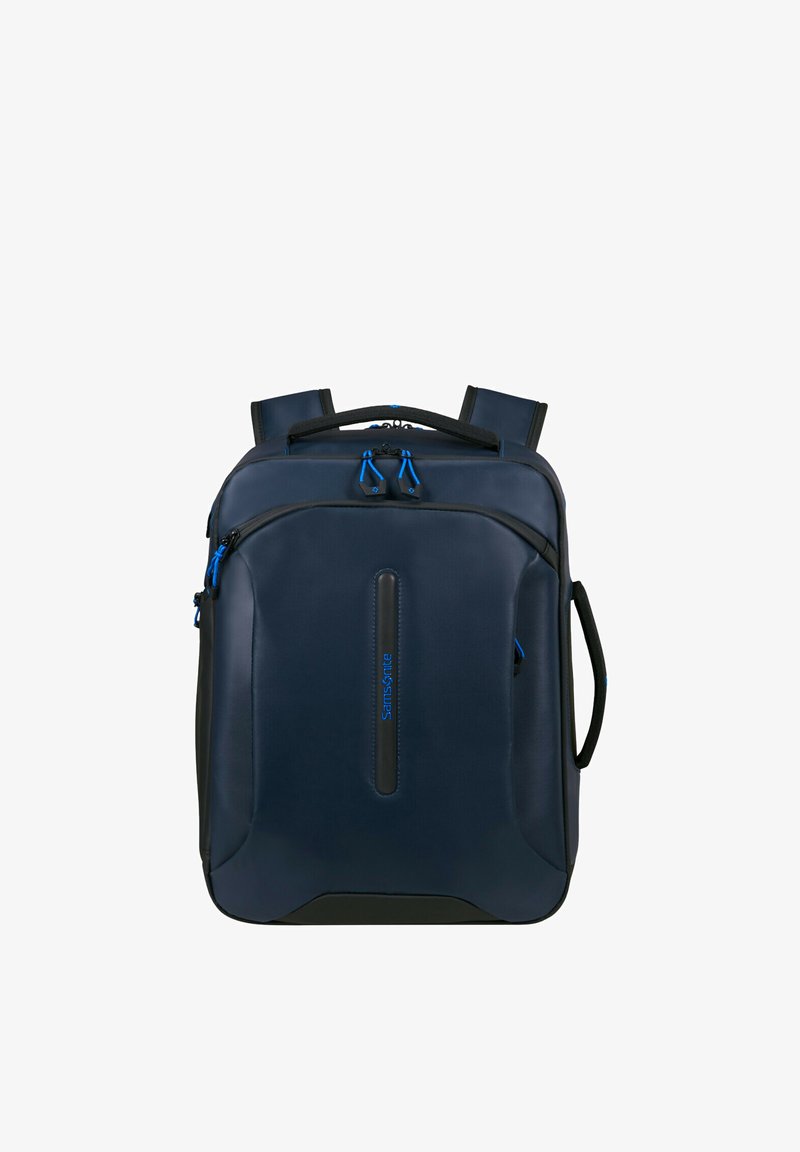 Zaino compatto Samsonite blu navy con spallacci imbottiti, manici superiore e laterali, e cursori della zip blu.