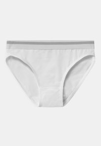 White brief made from smooth fabric, featuring a gray elastic waistband with two stripes, and a classic cut for a snug fit.
