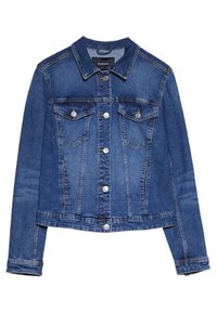 Chaqueta de denim azul con cuello clásico, dos bolsillos en el pecho, botones de metal y un diseño ajustado. Presenta una textura suave y mangas largas.