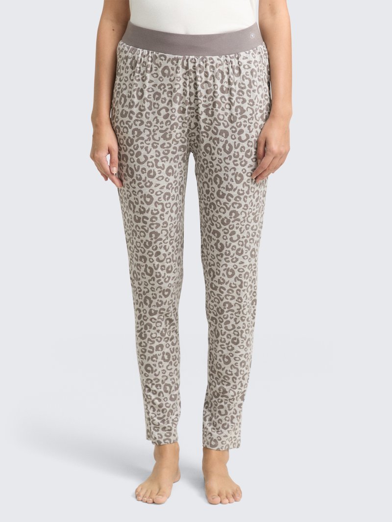 Kamelian ja vaaleanruskeat leopardikuosiset pyjamahousut, joissa on joustava harmaa vyötärö ja kapeneva lahjerakenne istuvan ilmeen saavuttamiseksi.