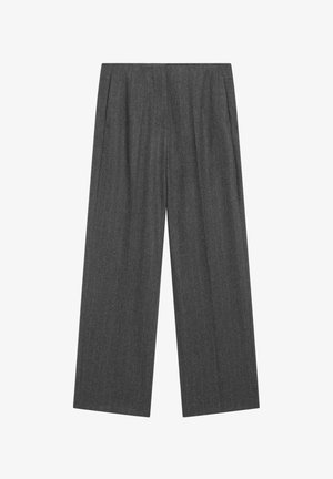 Pantalon à jambes larges gris foncé avec de fines rayures verticales et une taille haute.