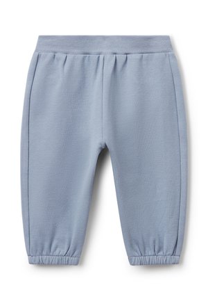 Hellblaue Sweatpants für Kleinkinder mit elastischem Bund und Bündchen, aus weichem Stoff, flach auf einem weißen Hintergrund gezeigt.
