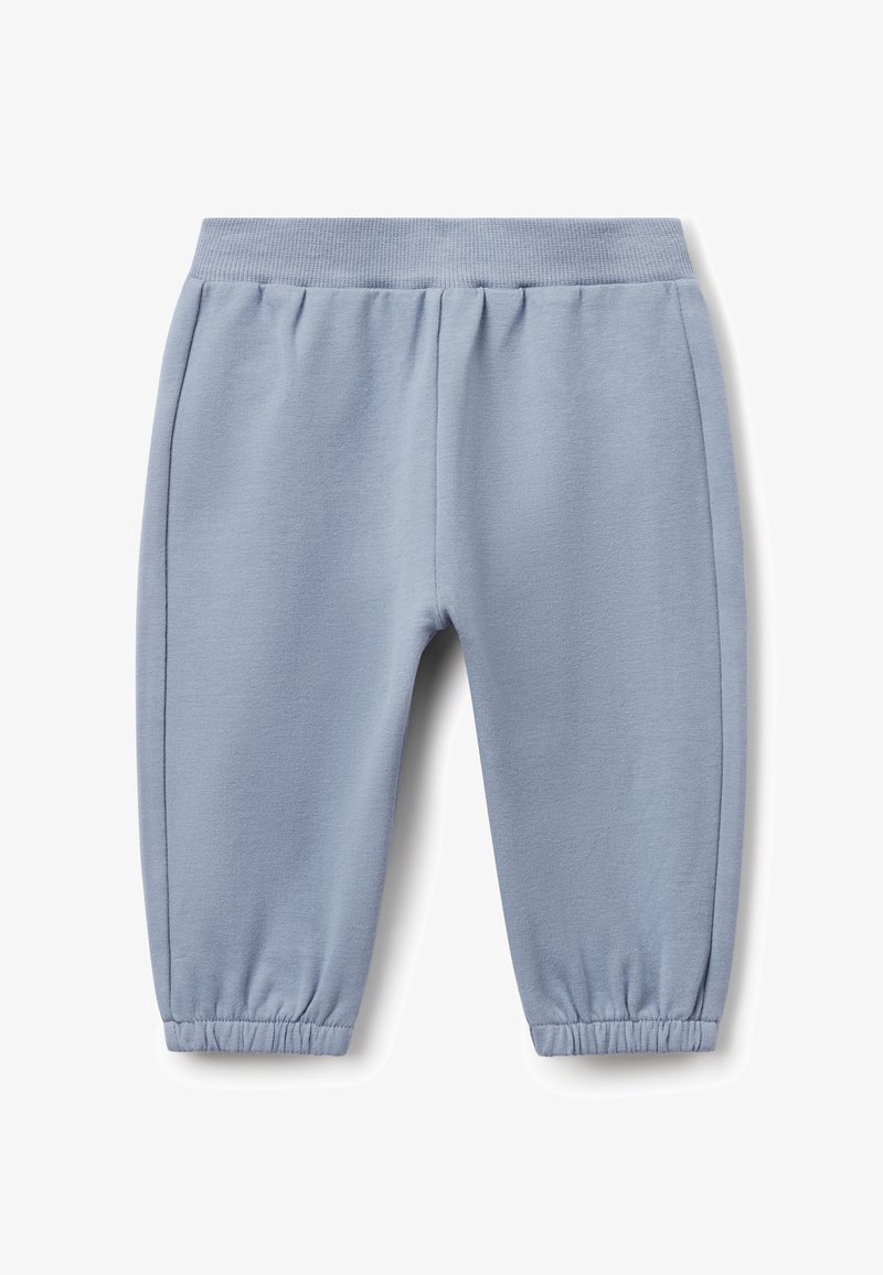 Hellblaue Sweatpants für Kleinkinder mit elastischem Bund und Bündchen, aus weichem Stoff, flach auf einem weißen Hintergrund gezeigt.