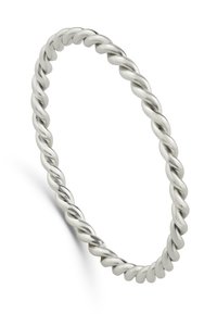 Drehbares Armband aus silberfarbigem Metall, das eine glatte, runde Form mit abwechselnder Struktur aufweist und visuelles Interesse sowie Glanz erzeugt.