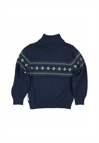 Tummansininen neulepaita, jossa on korkea kaulus ja kuvioitu vihreä-valkoinen timanttikaistale rintakehällä ja hihoissa.