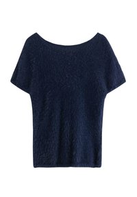 Mørkeblå kortærmet top lavet af blødt materiale, med en bred halsudskæring og en afslappet pasform, med en struktureret overflade og blødt udseende.