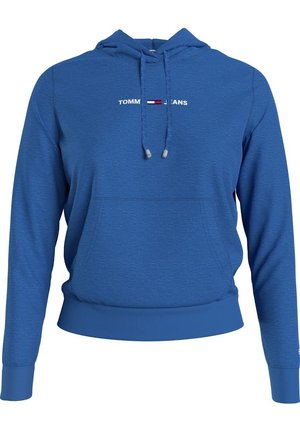 Sudadera con capucha azul Tommy Jeans con bolsillo delantero tipo canguro, capucha con cordón y logotipo con bandera roja, blanca y azul centrado en el pecho.