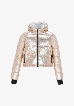 Metallisch roségoldene, kurz geschnittene Pufferjacke mit Kapuze, Reißverschluss vorne und schwarzen Rippbündchen. Verfügt über ein gestepptes Muster und seitliche Taschen.