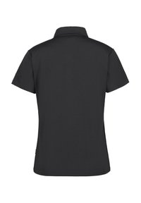 Černé polo tričko, krátké rukávy, měkká tkanina, klasický límec, jednoduchý design bez viditelných vzorů, boční rozparky, minimalistické logo na rukávu.