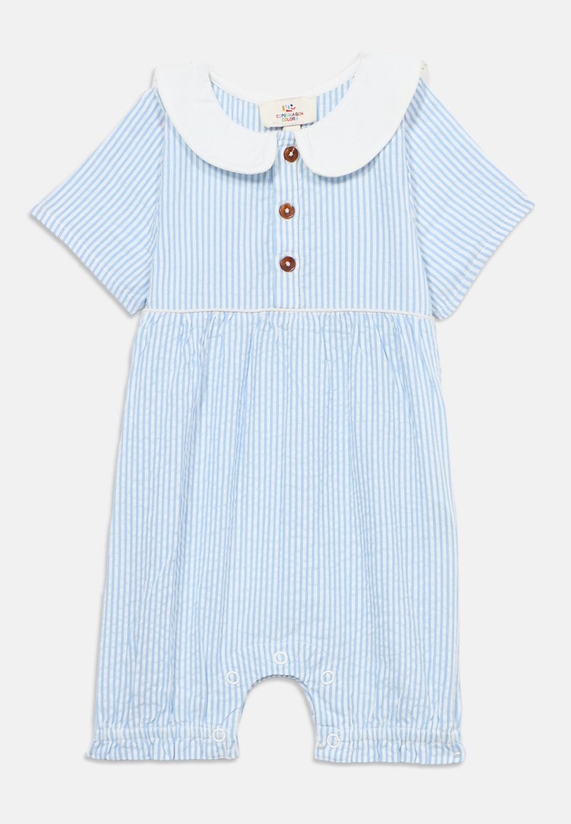 Βρεφικό φορμάκι με κάθετες μπλε και λευκές ρίγες, κοντά μανίκια, λευκό γιακά Peter Pan, τρία καφέ κουμπιά και κούμπωμα με κουμπιά στα πόδια.