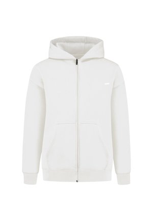 Weißer Zip-Hoodie aus weichem Stoff, mit einer Kordelzugkapuze, Fronttaschen und gerippten Bündchen. Einfache Gestaltung mit minimalen Akzenten.