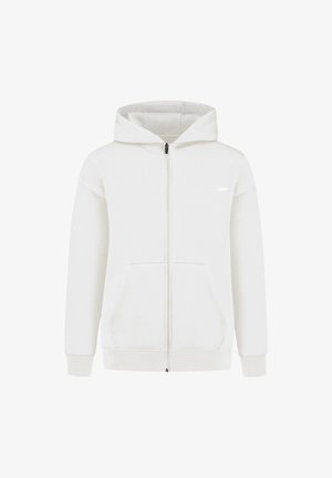 Weißer Zip-Hoodie aus weichem Stoff, mit einer Kordelzugkapuze, Fronttaschen und gerippten Bündchen. Einfache Gestaltung mit minimalen Akzenten.