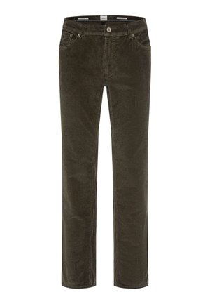 Pantalons en velours côtelé vert olive avec une coupe droite, comportant deux poches avant et une fermeture à bouton à l'avant.
