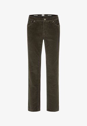 Olivgrüne Cordhosen mit geradem Bein, ausgestattet mit zwei vorderen Taschen und einem einzelnen Frontknopfverschluss.