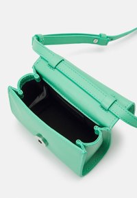 Borsa in ecopelle verde vegan con chiusura a patta, due scomparti e tracolla removibile. Interno foderato in tessuto nero.