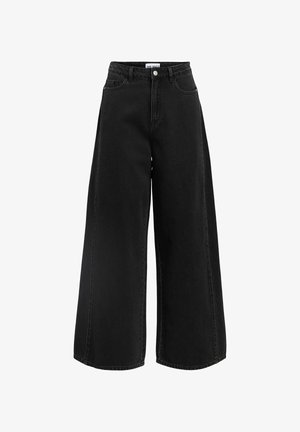 Hochtaillierte, weit geschnittene schwarze Jeans mit Knopfverschluss. Verfügt über zwei Fronttaschen und eine strukturierte Oberfläche.