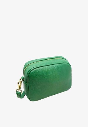 Sac à main en cuir vert avec une finition texturée, de forme rectangulaire, fermeture à double zip et accents en métal doré.