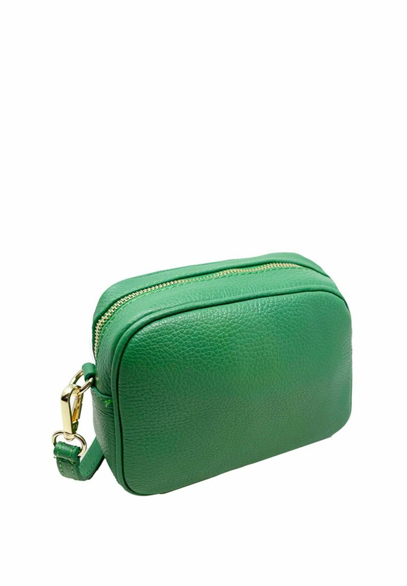 Borsa a mano in pelle verde con finish testurizzato, forma rettangolare, chiusura con doppia zip e accenti in metallo dorato.