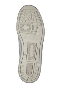 Sole of a sneaker featuring a textured rubber bottom with circular and zigzag patterns, predominantly light beige with darker accents.