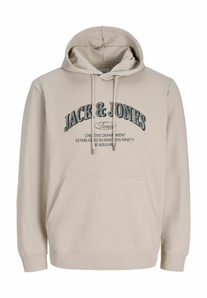 Sweat à capuche beige avec poche avant et cordons, portant "JACK & JONES Denim" et un texte sur la création de la marque en 1990 sur la poitrine.