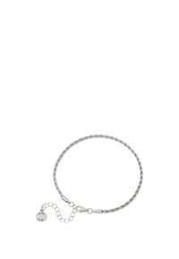 Bracelet en chaîne torsadée argentée avec un fermoir mousqueton et une extension de chaîne ajustable. Comprend un petit pendentif rond avec un détail gravé.