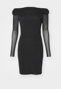 Čierna off-shoulder šaty s priesvitnými dlhými rukávmi, ozdobené malými striebornými bodkami a priliehavým strihom. Hladká textúra po celom povrchu.