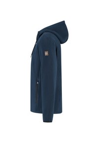 Marineblauwe hoodie met ritssluiting, van textuurstof, met zijzak en een klein logo op de bovenste mouw, weergegeven vanaf de zijkant.