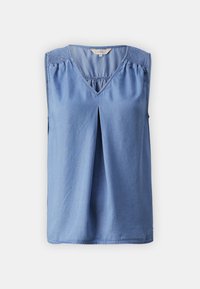 Sininen hihaton toppi pehmeästä kankaasta, jossa on V-pääntie, laskostettu yksityiskohta olkapäillä ja pittanceet edessä lisävolyymia varten.