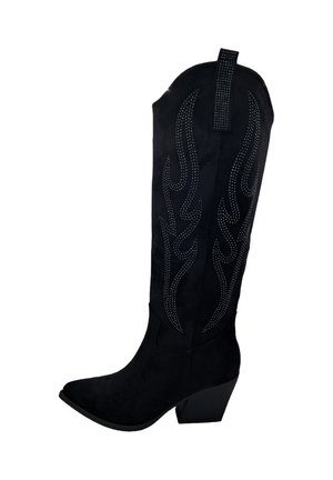 Bottes de cowboy en suede noir avec des pointes effilées et un talon épais. Présentent des motifs en flammes cloutés sur la tige et une languette.