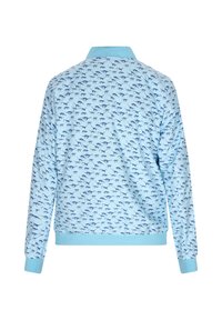 Felpa azzurra chiara con un motivo ripetuto di dinosauri blu scuro. Presenta un colletto e polsini a coste all'orlo delle maniche.
