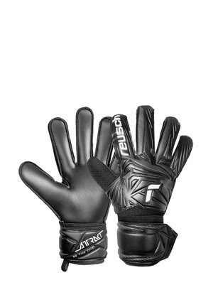 Pair of black goalkeeper gloves with textured backhand, smooth palm, wrist straps, and branding details on fingers and wrist.