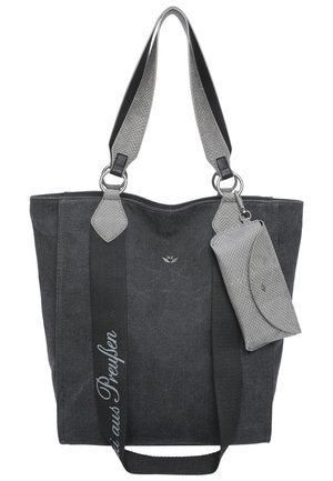 Schwarze Canvas-Tasche mit grauen strukturierten Trägern, ausgestattet mit einem Reißverschlussfach, silberner Hardware und dekorativen Nähten.