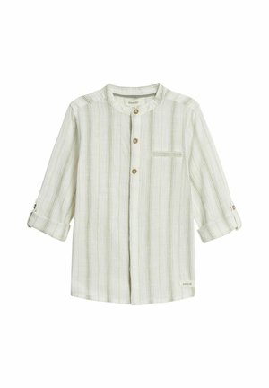 Biała i jasnoszara koszula w paski z guzikami, kołnierzyk mandaryński, kieszenią na piersi i podwiniętymi rękawami zapinanymi na patki z guzikami.