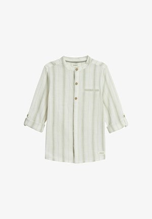 Wit en lichtgrijs gestreept overhemd met knopen, mandarijnkraag, borstzak en opgerolde mouwen die zijn vastgezet met knooplinten.