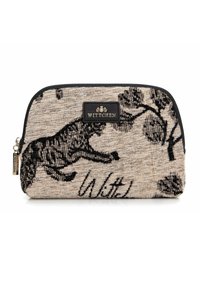 Pochette Wittchen en tissu beige texturé avec imprimé animal noir et accents floraux. Elle présente une plaque logo et une fermeture éclair lisse.