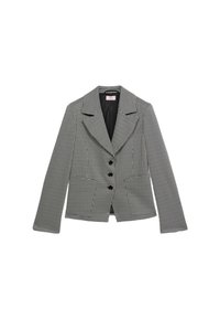 Zwart-witte houndstooth blazer met een getailleerde pasvorm, piekersklapels, lange mouwen en vier zwarte knopen aan de voorkant.