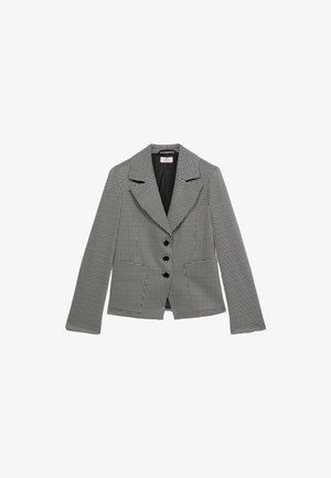 Blazer cu imprimeu houndstooth alb și negru, cu o croială ajustată, rever ascuțit, mâneci lungi și patru nasturi negri în față.