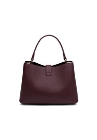 Sac à main en cuir bordeaux avec une finition texturée, une forme structurée, une poignée supérieure et un détail de fermoir central. Doublure intérieure lisse.