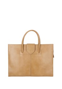 Borsa a spalla in pelle color cuoio con due manici superiori, forma rettangolare, linee pulite, chiusura a patta e dettagli a cucitura sul bordo.