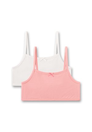 Zwei Baumwoll-Camisole-Crop-Tops mit dünnen Trägern, eines in Hellrosa und eines in Weiß, jeweils mit einer kleinen dekorativen Schleife vorne in der Mitte.