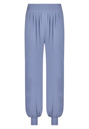 Blaue, leichte Hose mit gerafftem Taillenbund, elastischen Bündchen und Falten; glatte Textur, lässiges Design, geeignet für entspannte Trageanlässe.