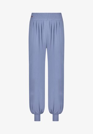 Siniset, kevyet, kerätty vyötärölaipalliset housut, joissa on elastiset hihnat ja laskokset; sileä rakenne, rento muotoilu, joka sopii rentoon käyttöön.