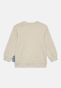 Beige sweatshirt med långa ärmar, ribbade muddar och detalj på baksidan som har gråa fenformade inslag. Mjuk textur och avslappnad design.