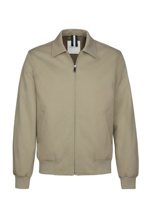 Beige bomberjack met een ritssluiting aan de voorkant, zijzakken en een spitse kraag. Gemaakt van gladde stof met geribde boorden en zoom.