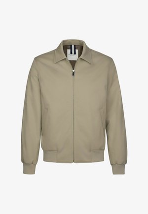 Veste bomber beige avec une fermeture éclair frontale, des poches latérales et un col pointu. Fabriquée en tissu lisse avec des poignets et un ourlet côtelés.