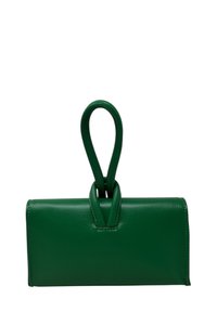 Zelená kožená kabelka obdélníkového tvaru, která se vyznačuje jedinečným šroubovaným designem rukojeti a hladkým povrchem.
